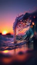 Beautiful wave splashes on the beach at sunset. 3d rendering