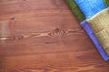 Beautiful waxed wooden background with scarf side view. flat lay top view