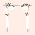 Beautiful wedding arch decorated with flowers and white fabric. Engagement party. Vector template for greeting card