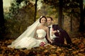 Beautiful wedding autumn photography of laughing happy people.