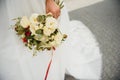 Beautiful wedding bouquet of bride wedding flowers fresh pink roses and alstroemeria bridal decoration. Fresh wedding flowers in Royalty Free Stock Photo