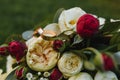 Beautiful wedding bouquet of bride wedding flowers fresh pink roses and alstroemeria bridal decoration. Fresh wedding flowers in Royalty Free Stock Photo