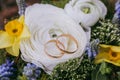 Beautiful wedding bouquet of different white, blue, green flower Royalty Free Stock Photo