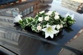 Beautiful wedding bouquet on the hood of the car Royalty Free Stock Photo