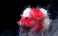 Beautiful wedding bouquet of red and white roses in the fog. White watercolor ink in water on a black background Royalty Free Stock Photo