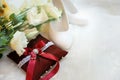 Beautiful wedding bouquet, shoes and decorative pillow