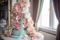 beautiful wedding cake with a cascade of delicate pastel flowers and ribbons Royalty Free Stock Photo