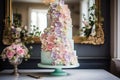 beautiful wedding cake with a cascade of delicate pastel flowers and ribbons Royalty Free Stock Photo