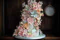 beautiful wedding cake with a cascade of delicate pastel flowers and ribbons Royalty Free Stock Photo