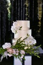Beautiful wedding cake decorated with white flowers in front of the wedding archway at night Royalty Free Stock Photo