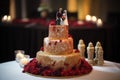 beautiful wedding cake, with miniature figurines of the bride and groom on top