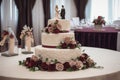 beautiful wedding cake, with miniature figurines of the bride and groom on top