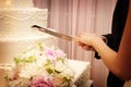 Beautiful wedding cake about to be cut Royalty Free Stock Photo