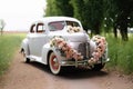 Beautiful wedding car with plate JUST MARRIED Royalty Free Stock Photo