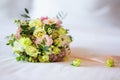 Beautiful wedding colorful bouquet for bride. Beauty of colored flowers. Close-up bunch of florets. Bridal accessories Royalty Free Stock Photo