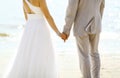 Beautiful wedding couple, bride and groom together near sea