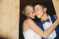 Beautiful wedding couple in doorway Royalty Free Stock Photo