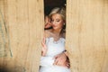 Beautiful wedding couple in doorway Royalty Free Stock Photo