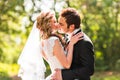 Beautiful wedding couple in park. They kiss and hug each other Royalty Free Stock Photo