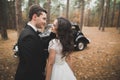 Beautiful wedding couple posing near splendid retro car Royalty Free Stock Photo