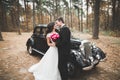 Beautiful wedding couple posing near splendid retro car Royalty Free Stock Photo