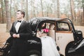 Beautiful wedding couple posing near splendid retro car Royalty Free Stock Photo