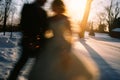 Beautiful wedding couple. Winter wedding of the groom and the bride in a beautiful wedding dress. Winter photo shoot newlyweds Royalty Free Stock Photo