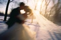 Beautiful wedding couple. Winter wedding of the groom and the bride in a beautiful wedding dress. Winter photo shoot newlyweds Royalty Free Stock Photo