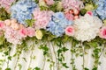 Beautiful wedding decoration of pink and blue hydrangeas and ros