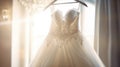 Beautiful wedding dress in decor studio. The wedding dress hangs on a hanger by the window. Royalty Free Stock Photo