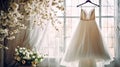 Beautiful wedding dress in decor studio. The wedding dress hangs on a hanger by the window. Royalty Free Stock Photo