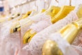 Beautiful wedding dresses on a hanger.