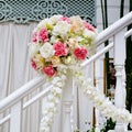 Beautiful wedding flower decoration at stairs Royalty Free Stock Photo