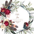 Beautiful wedding invitation card or save the date with boho roses, leafs and plants