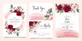 Beautiful wedding invitation card template set with burgundy and peach rose flowers and watercolor background. Cards with floral, Royalty Free Stock Photo