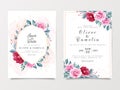 Beautiful wedding invitation card template set with geometric floral frame and gold glitter. Roses and leaves botanic illustration Royalty Free Stock Photo