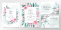 Beautiful wedding invitation card template set with soft watercolor flowers decoration. Floral illustration background of peach Royalty Free Stock Photo