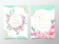 Beautiful wedding invitation cards template with flowers and watercolor background. Textured golden surface background