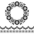 Mandala lace vector pattern, monochrome round design with flowers and swirls in black and white Royalty Free Stock Photo