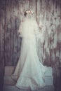 Beautiful wedding and a long white dress, veil, classic look.