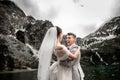 Beautiful wedding photosession. The groom circles his young bride, on the shore of the lake Morskie Oko. Poland Royalty Free Stock Photo