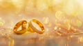 beautiful wedding rings with golden bokeh lights background Royalty Free Stock Photo