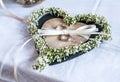 Beautiful wedding rings lie on white surface against the background of a bouquet of flowers and wedding couple Royalty Free Stock Photo