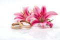 Beautiful wedding rings on a light background, which are adorned with flowers. Rings are a symbol of marriage and love. Royalty Free Stock Photo