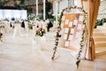Beautiful wedding set decoration in the restaurant. Board with guest list