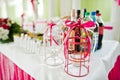 Beautiful wedding set decoration in the restaurant. Candles on table Royalty Free Stock Photo