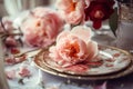 Beautiful wedding table decoration with flowers. Generative AI Royalty Free Stock Photo