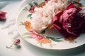 Beautiful wedding table decoration with flowers. Generative AI Royalty Free Stock Photo