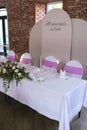 Beautiful wedding table set with purple decorations and lavender Royalty Free Stock Photo