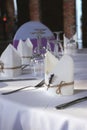 Beautiful wedding table set with purple decorations and lavender Royalty Free Stock Photo